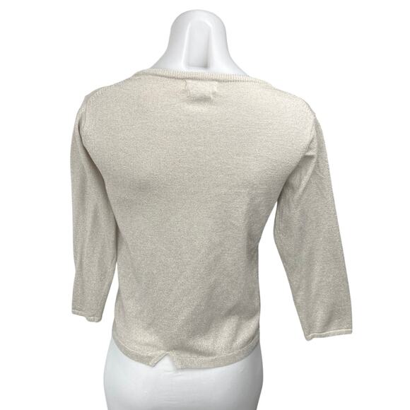 Nice Thing Mini Beige Metallic 3/4 Sleeve Button Crop Cardigan Sweater Top Sz 14 - Picture 2 of 5